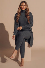 Charcoal Ribbed Knitted 3 Piece Loungewear Set-Jinet
