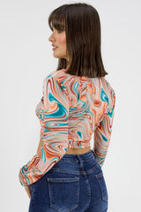 Orange Marble Print Slinky Cross Wrap Halter Crop Top - Donelia