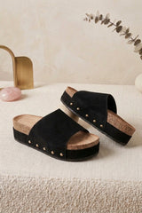 Black Faux Suede Stud Detail Platform Slider Sandals - Gesito