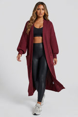 Wine Knitted Long Sleeve Pocket Detail Ribbed Cardigan - Leanne