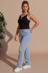 Black Ribbed Flower Embroidered Sleeveless Crop Top - Riym