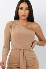 Beige One Shoulder Ruched Slinky Midi Dress - Savannah