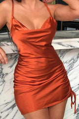 Rust Satin Ruched Side Slip Mini Dress - Maeve