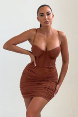 Chocolate Mesh Ruched Corset Strappy Bodycon Mini Dress - Penny