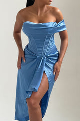 Sky Blue Off The Shoulder High Split Corset Midi Dress - Brooke