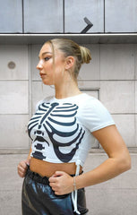 White Skeleton Print Short Sleeve Crop Top – Harley