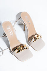 Stone PU Faux Leather Square Toe Chain Detail Strappy Heels - Bonnie