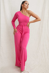 Hot Pink Belted One Shoulder Jumpsuit - Evelyn
