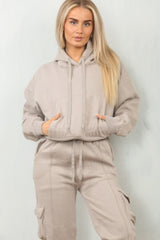 Dove Grey Cropped Fleece Hoodie with Cargo Jogger Sweatpants Loungewear Set - Roshana