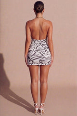 Lilac Marble Print Chain Halter Neck Crossover Cut Out Detail Mini Dress - Cassara