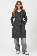 Black Oversized Double Breasted PU Belted Trench Coat - Cherri