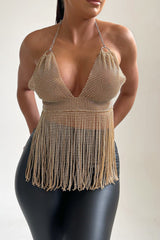 Gold Halter Neck Open Back Chain Mail Tassel Top - Dani