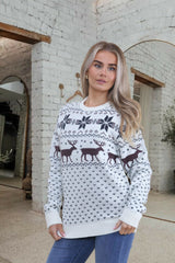 Cream Reindeer & Snowflake Pattern Knitted Christmas Jumper - Talia