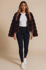 Chocolate Faux Fur Panelled Cropped Jacket - Doman