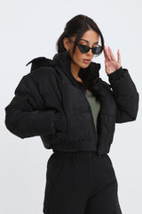 Black Cropped Padded Long Sleeve Zip Front Shower Proof Jacket - Harper