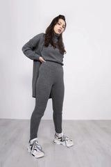 Charcoal Ribbed Knitted 3 Piece Loungewear Set-Jinet