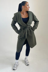 Khaki Waterfall Duster Belted Long Coat - Pola