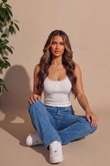 White Ribbed Lace Trim Button Front Vest Top - Vlara