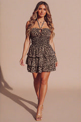 Leopard Brown Polka Dot Tiered Frill Halterneck Mini Dress- Joyna