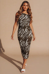 Olive Zebra Print Ruched Sleeveless Bodycon Dress- Vanila