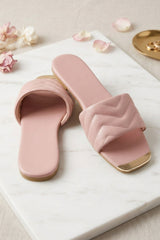 Pink Quilted Flat Slip-On Sandals with Gold Toe Detail - Yora