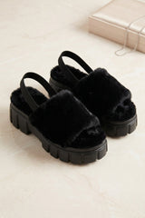 Black Faux Fur Slingback Chunky Platform Sandals - Ehna