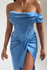 Sky Blue Off The Shoulder High Split Corset Midi Dress - Brooke