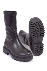 Black Faux Leather Chunky Sole Boots - Ukyana