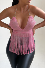 Pink Halter Neck Open Back Chain Mail Tassel Top - Dani
