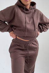 Chocolate Oversized Front Pocket Pullover Hoodie Cuffed Joggers Loungewear Set - Alexia