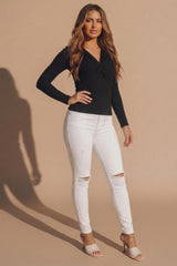 White  High Waisted Skinny Soft Touch Skinny Jeans With Rip Detail  - Delilah