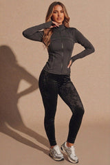 Dark Grey High Neck Fitted Zip Up Lightweight Jacket - Sovanna