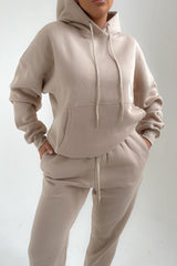 Stone Oversized Front Pocket Pullover Hoodie Cuffed Joggers Loungewear Set - Alexia
