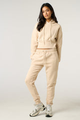 Stone Long Sleeve Cropped Fleece Hoodie & Cuffed Joggers Loungewear Set - Layla