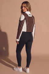 Brown & White PU Leather Racer Patch Details cropped Jacket - Robina