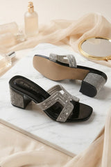 Black Diamanté Cut-Out Block Heel Mule Sandals - Jara