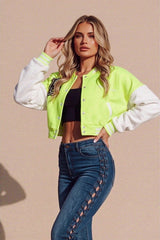 Neon Green Varsity Slogan Contrast Sleeve Bomber - Hallie