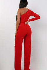 Red Belted One Shoulder Jumpsuit - Evelyn