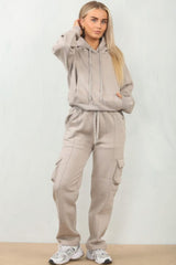 Dove Grey Cropped Fleece Hoodie with Cargo Jogger Sweatpants Loungewear Set - Roshana