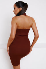 Chocolate Knitted Cut Out Crossover Halter Neck Bodycon Mini Dress - Elena