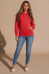 Red Oversized Matching Drawstring Rib Cuff & Hem Pocket Hoodie - Melissa