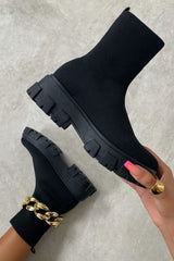 Black Cleated Pull On Knit Chunky Sole Sock Ankle Boots - Melissa
