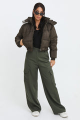 Khaki Cropped Padded Long Sleeve Zip Front Shower Proof Jacket - Harper