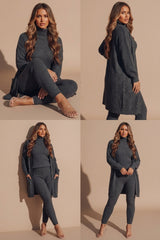 Charcoal Ribbed Knitted 3 Piece Loungewear Set-Jinet