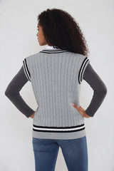 Grey Cable Knit V Neck With Blue Stripe Jumper- Casoil