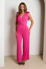 Hot Pink Drape Detail  V Neck Ruched Shoulder Open Hem Jumpsuit - Genesis