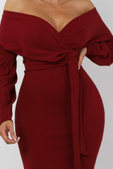 Wine Belted Bodycon Midi Wrap Dress  - Angelica