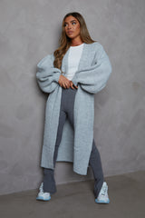 Grey Knitted Balloon Sleeve Side Split Longline Midi Cardigan- Emmy
