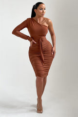Chocolate One Shoulder Ruched Slinky Midi Dress - Savannah