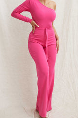 Hot Pink Belted One Shoulder Jumpsuit - Evelyn
